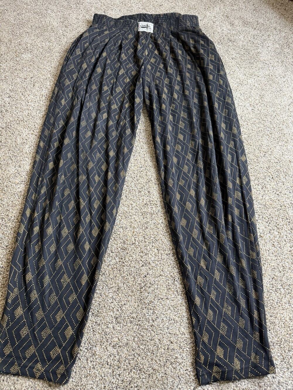Vtg California Crazee Wear Black Geo Pattern Baggy Workout 90s 80s USA Harem